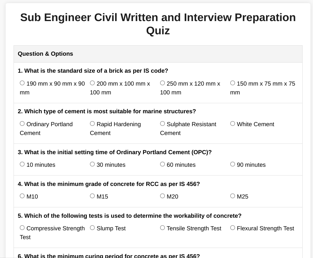 Sub Engineer Civil Written and Interview Preparation Quiz